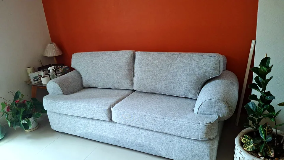 Sofá de tres plazas después del trabajo de Velvet: Funda manchada a tela gris claro